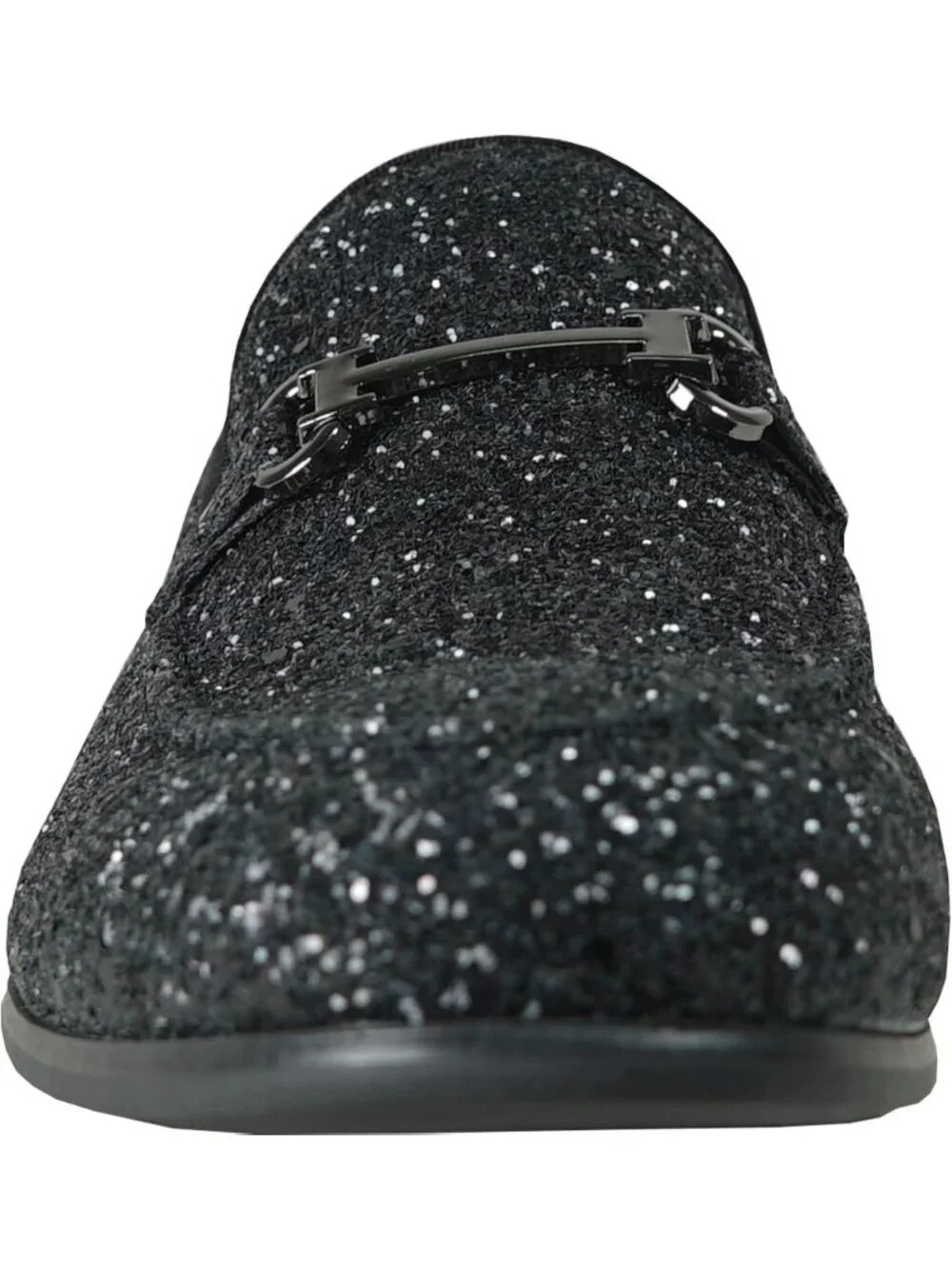 Men's Black Glitter Loafers Metal Buckle Cap Toe Metallic Slip On Party Shoes